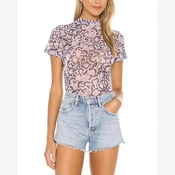 LNA Top Womens Large Snakeskin Mesh Mock Neck Short Sleeve Snake Print Fitted - Picture 8 of 8